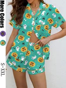Halloween Print Women's Pajama Set, Pumpkin Ghost Skull Bat Design, Short Sleeve Shirt Collar, 2 Piece Sleepwear for Holiday Fun