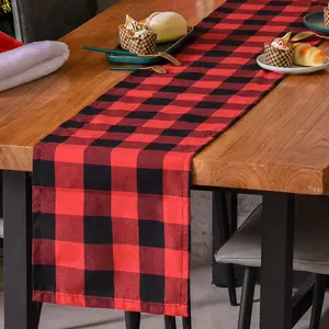 Christmas Buffalo Check Plaid Table Runner, Cotton Polyester Blend Classic Family Dinner Table Runners for Indoor Outdoor Parties Events Home Decoration (Red and Black, 14 x 72 Inch)