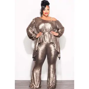 Final Sale Plus Size Cold Shoulder with Gold Chain & Asymmetrical Ruffle Peplum Jumpsuit in Gold Metallic