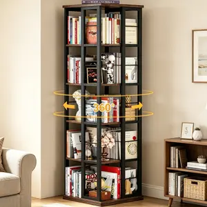 Aheaplus Corner Bookcase, 5 Tiers Rotating Bookshelf, 360 Display Wood Spinning Bookshelves, Floor Standing Bookcase Narrow Shelf