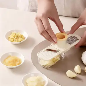 Multifunctional Garlic Grinder, 3-in-1 Garlic Slicer Veggie Shredder with Container, Durable Stainless Steel Blades, Easy to Use and Clean for Kitchen (White)