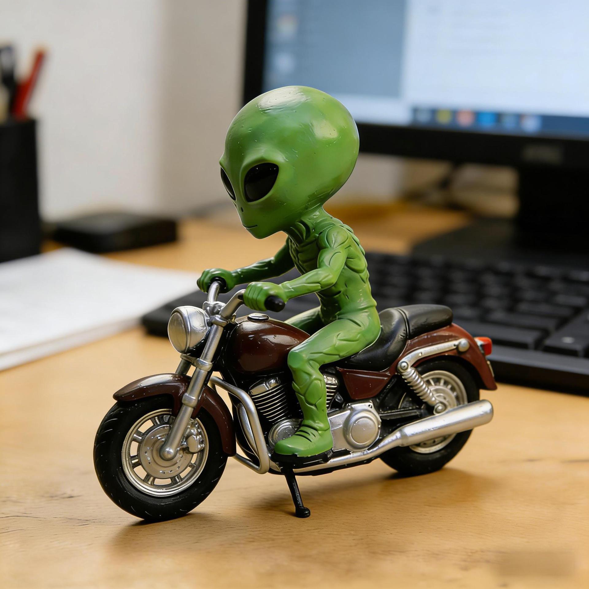 Funny alien riding a model statue, space decoration, for desktop or bookshelf display, ideal gift for sci-fi fans, cute alien design, ornament, funny home decor, art statue, sculptural tabletop decoration
