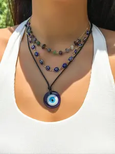 Vintage Evil Eye Design Pendant Necklace, Elegant Beaded Necklace, Boho Style Mexican Necklaces, Jewelry for Women for Gift, Fashion Matching Accessory