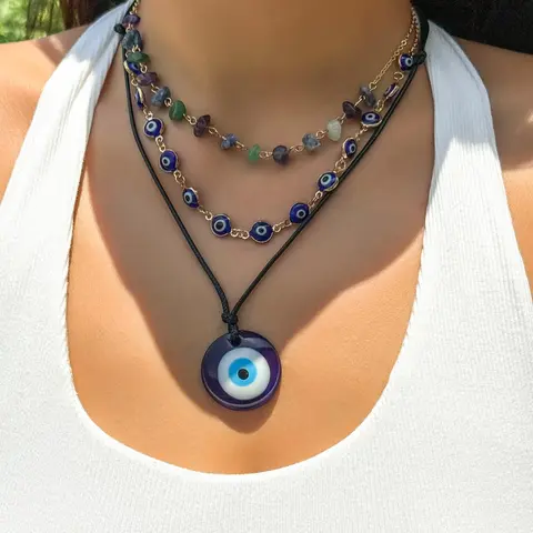 Vintage Evil Eye Design Pendant Necklace, Elegant Beaded Necklace, Boho Chic Crystal, Bohemian Chic Pendant, Boho Style Mexican Necklaces, Jewelry for Women for Gift, Fashion Matching Accessory