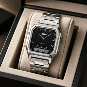 SKMEI Men's Dual Display Watch, Square Face Analog Digital with 304 Stainless Steel Band, Triple Time Zone, Stopwatch, Alarm, EL Backlight, Date and Day, 3ATM Splash Resistant for Business and Daily Wear