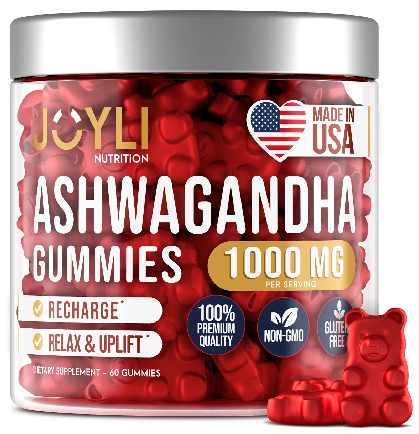 JOYLI Nutrition Ashwagandha Supplement Gummies with Vitamin C & Zinc, Supports Stress Relief, Focus & Memory - 60 Vegan Gummies