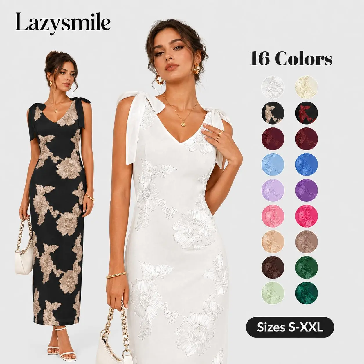 Lazysmile Women's Chic Floral Embroidered Sleeveless V-Neck Tie-Strap Ribbon Mesh Maxi Dress, Soft Lightweight Fabric, Elegant Formal Party Cocktail Dress,morning dress,dress graduation,pear body shaped dress