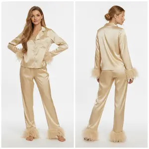 Women's Luxury Satin Pajama Set with Feather Trim Cuffs, Long Sleeve Button-Down Sleepwear Top and Pants, Soft Silk Loungewear with Fluffy Feather Detail, Elegant Nightwear for Bridal Party, Bachelorette, Wedding, Multiple Colors Available