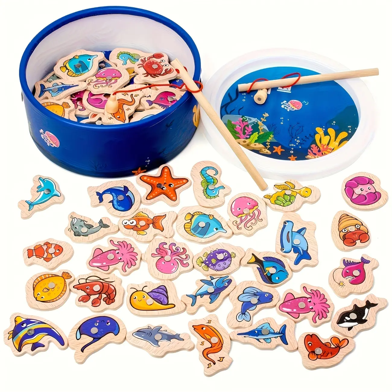 Colorful Ocean Life Fishing Game Set, Parent-Child Interactive Wooden Toy, Educational Toy for Focus and Coordination, Holiday Gift