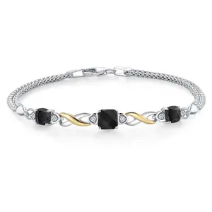 Gem Stone King 925 Silver and 10K Yellow Gold Black Onyx and White Lab Grown Diamond Bracelet For Women (2.07 Cttw, Gemstone December Birthstone, Cushion Checkerboard 6MM and 5MM, 6.5/7/7.5 Inch, Made in Italy)