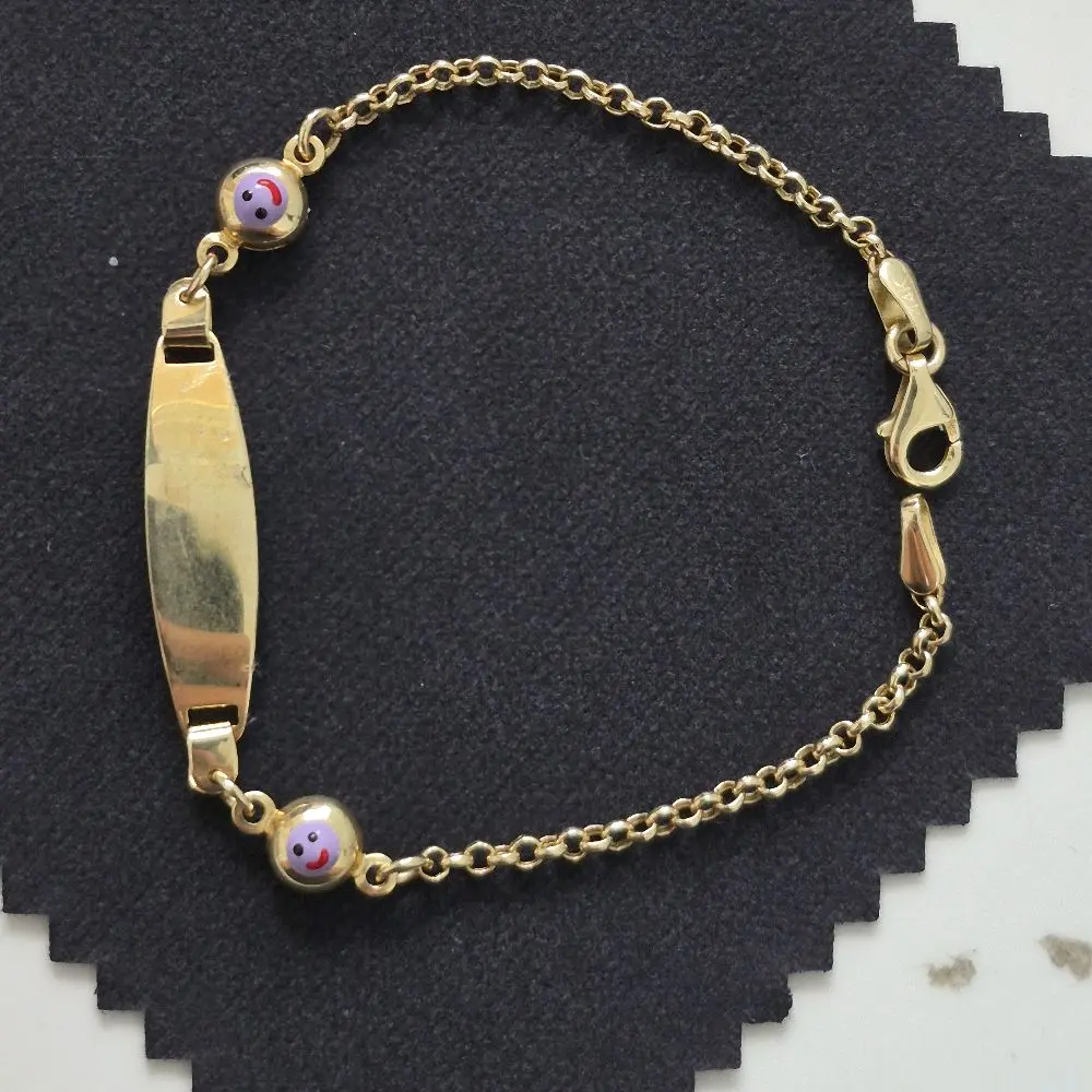 14K Real Gold Baby Bracelet with Happy Face Design for Kids - Free Engraving