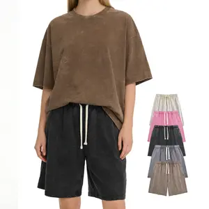 Holafish Retro Acid Wash Basic Unisex Tee & Shorts Cotton,Breathable Casual Summer Outfit for Men & Women,Comfortable for All Genders,Loose Fit Unisex Tshirt Shorts Short Sleeve Casual Streetwear Basic Tops Crewneck