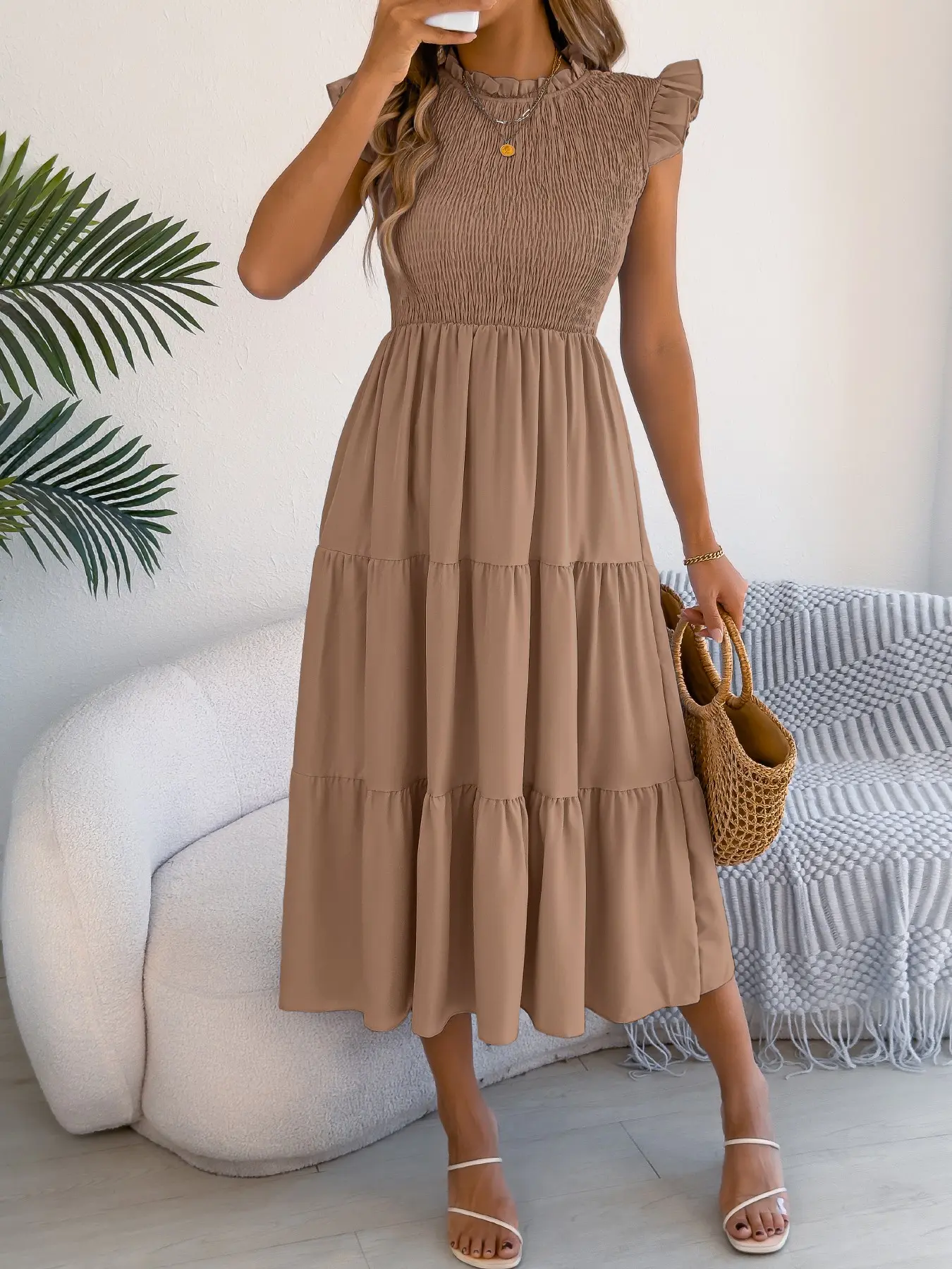 Women's Casual Elegance Round Neck Long Dress, Womenswear, Pure Color Flounce Sleeve Design, Slim-Fitting Hem Patchwork Style, Perfect for Spring & Summer Wear