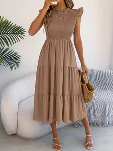 Women's Casual Elegance Round Neck Long Dress, Womenswear, Pure Color Flounce Sleeve Design, Slim-Fitting Hem Patchwork Style, Perfect for Spring & Summer Wear
