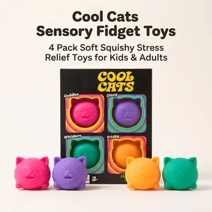 Teenie  Cool Cats Squish Fidget Toy, 4 Pack Cute Cat Slow Rebound Stress Relief Balls, Silent Pocket Sensory Anxiety Squishy, Portable Desk Fidget Gift for Kids Teens Adults, Kawaii Animal Stress Toy Set
