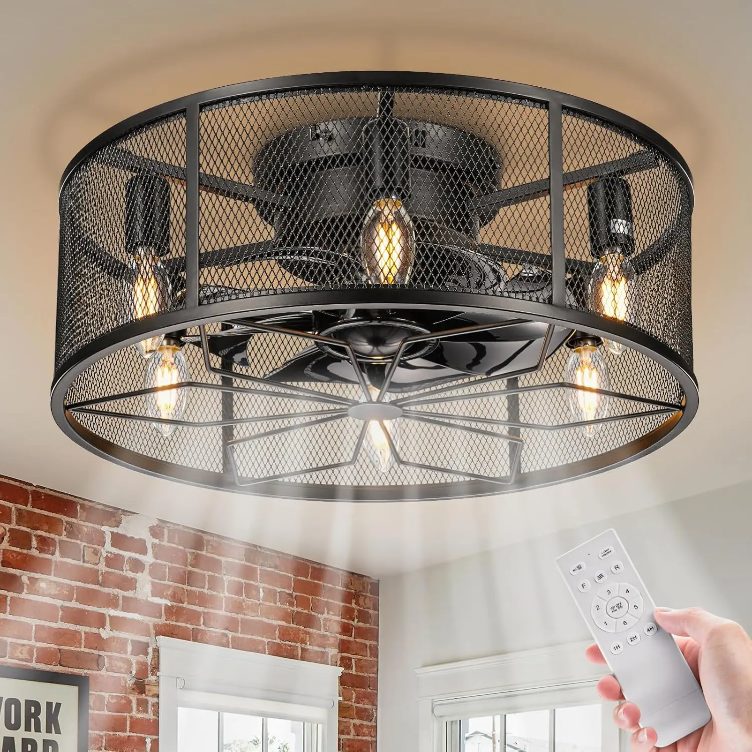 Special Offer: 18 Inch Low Profile Flush Mount Ceiling Fan with Light, Black Industrial Farmhouse Small Ceiling Fan Light Fixture for Bedroom Kitchen