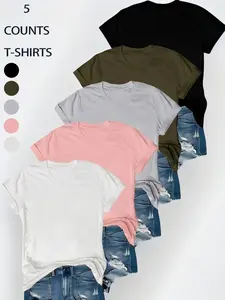 Women's Basic Solid Color Round Neck Tee, Casual Short Sleeve Crew Neck T-Shirt for Daily Wear, Ladies Clothes for Summer