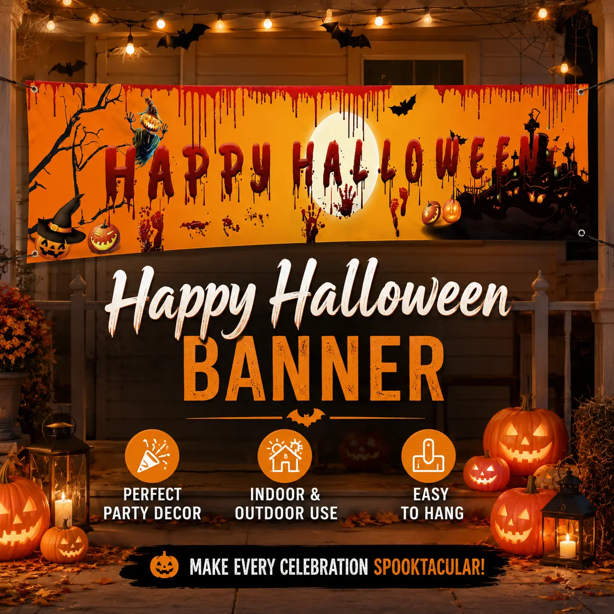 Halloween Banner Decoration, Spooky Happy Halloween Hanging Banner, Pumpkin Ghost Bat Party Backdrop, Indoor Outdoor Wall Decor for Haunted House, Porch and Halloween Celebration