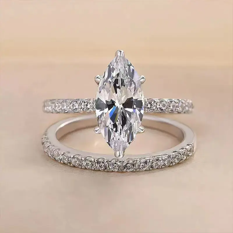 2-in-1 Marquise Ring Set Luxury Weeding Ring with Zircon Setting  Stylish and Easy-to-Match Ring