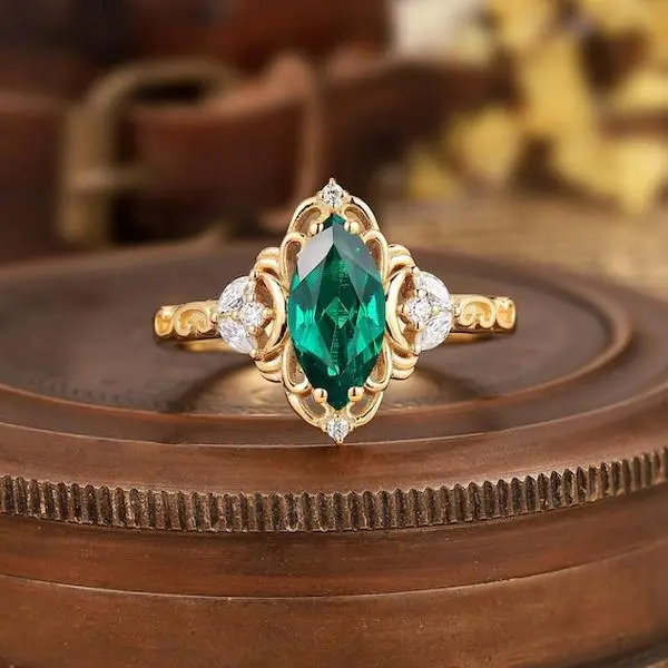 Marquise Emerald Engagement Ring, Engraved Art Deco Design