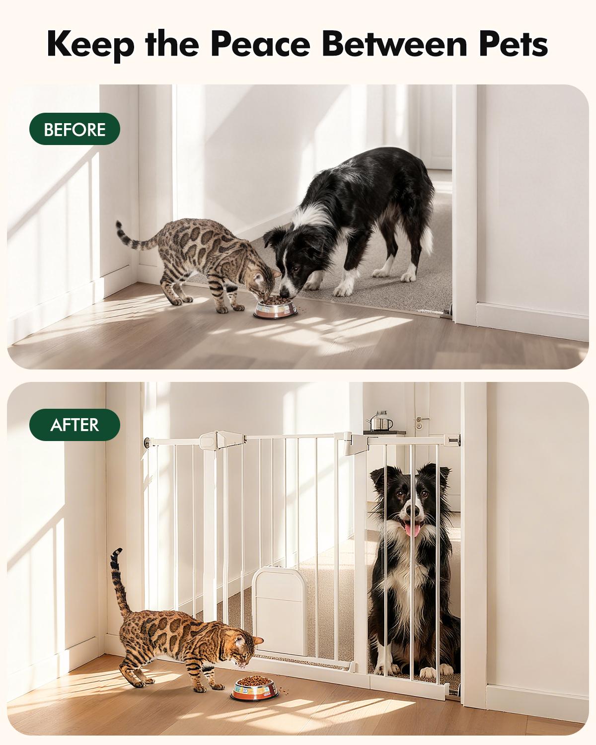 Adjustable Pet Gate with Cat Door, Auto-Close Pressure-Mounted Safety Gate for Doorways & Stairs – Ideal for Multi-Pet Homes (29–45 Inches, White/black)