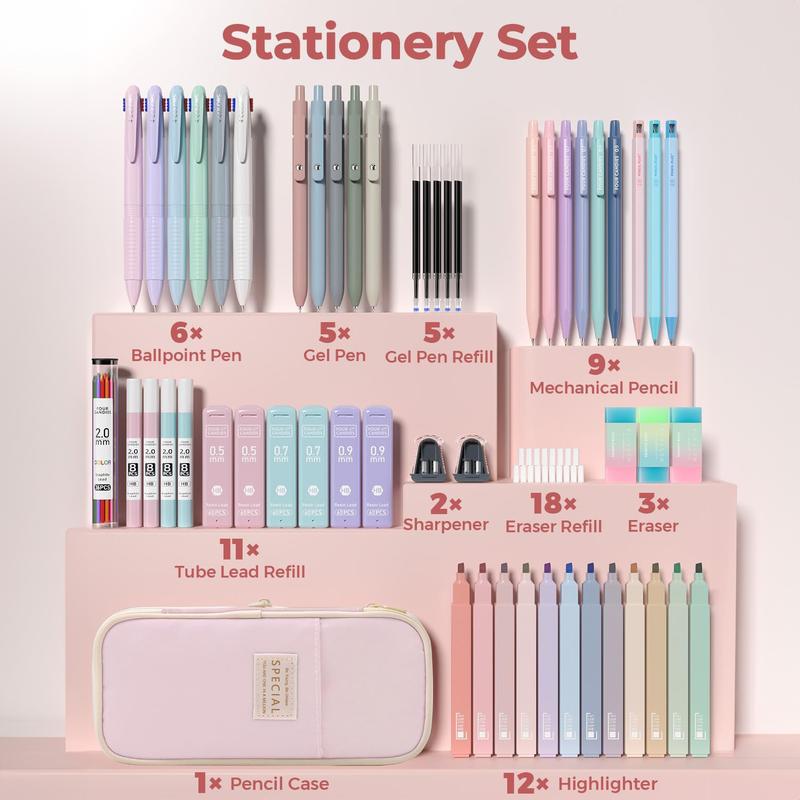 Four Candies 56/58 PCS Aesthetic School Supplies with Large Pencil Case, 6 Colored Ballpoint Pens, 12 Pastel Highlighters, 5 Black Ink Gel Pens, 9 Mechanical Pencils 0.5-2.0mm Student Essentials,girly office supplies,Writing Instruments Stationery Set