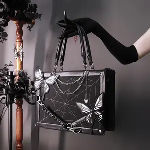 Gothic Halloween Anime Butterfly Tote Bag Punk Detachable Strap Spiderweb Print PU Leather Designer Handbag Badge Storage Comic Con Work Daily Use
