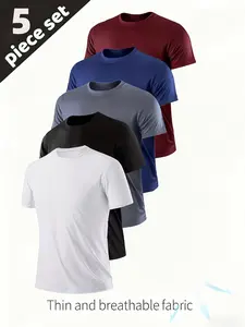 5-Pack Quick-Dry Short Sleeve T-Shirts for Men, Round Neck, Breathable, Casual, Ideal for Gym, Running, Hiking, All Seasons, Casual Sports Tops