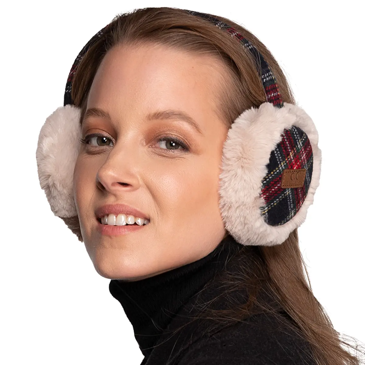 C.C Stylish Tartan Check Earmuffs with Luxe Faux Fur for Women – A Cozy and Trendy Winter Essential for Timeless Elegance