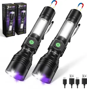 3 in1 Super Bright Flashlight & UV Flashlight 395nm, High Lumens USB Rechargeable Ultraviolet Blacklights,Handheld Portable Flashlights for Outdoor Adventure, Pet Urine Stains (2pack)