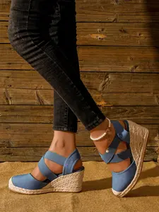 Women's Summer 2024 Fashion Cross Strap Closed Toe Espadrille Wedge Sandals, Simple Plain Color & Leopard Print Decoration Strap, Elegant Sandals