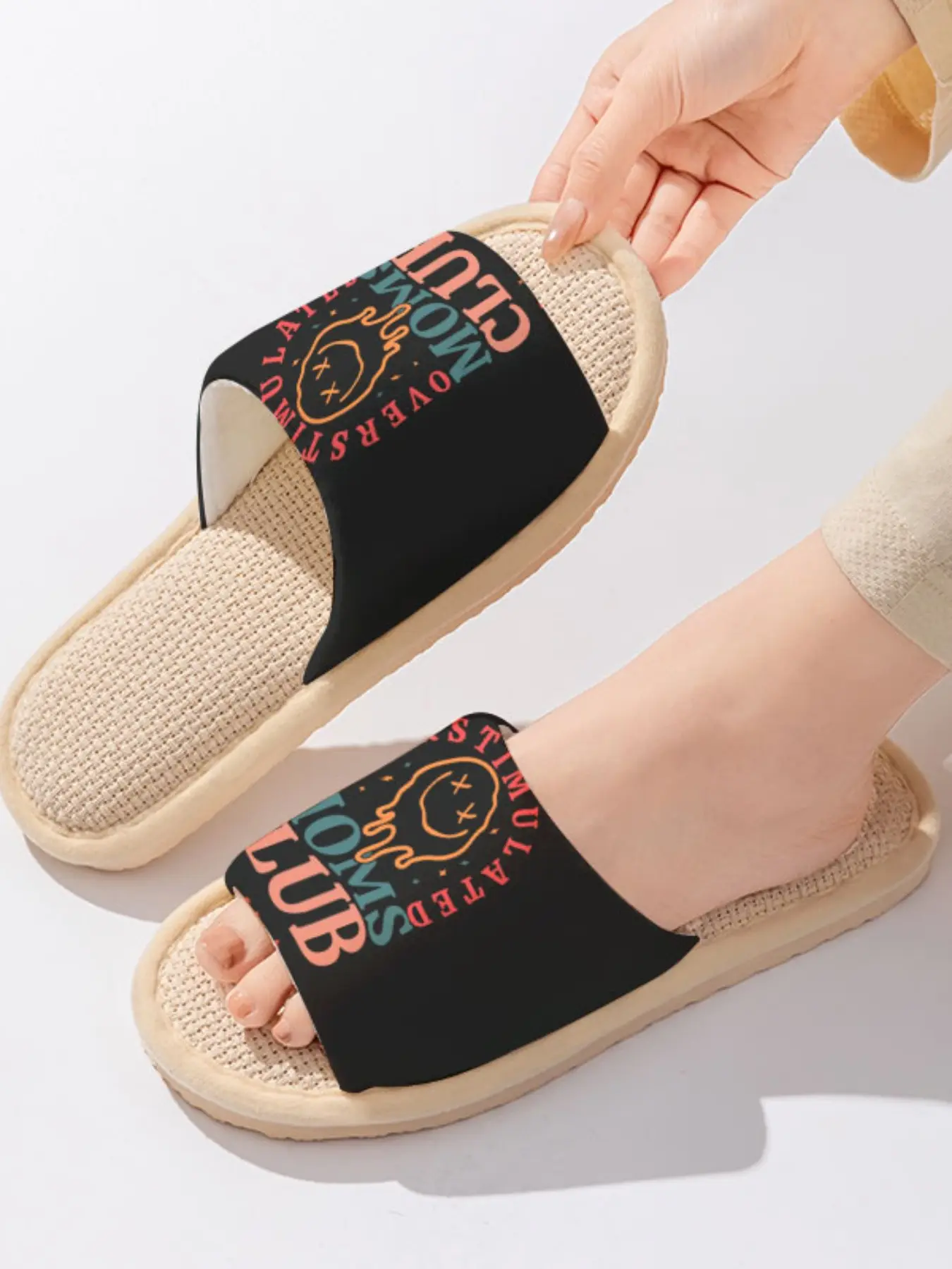 Melting Smiley "Moms Club" Slogan | Humorous Relatable 1 Pair Linen Breathable Non-Slip Home Slippers For Moms (Spring Summer/Lounging)