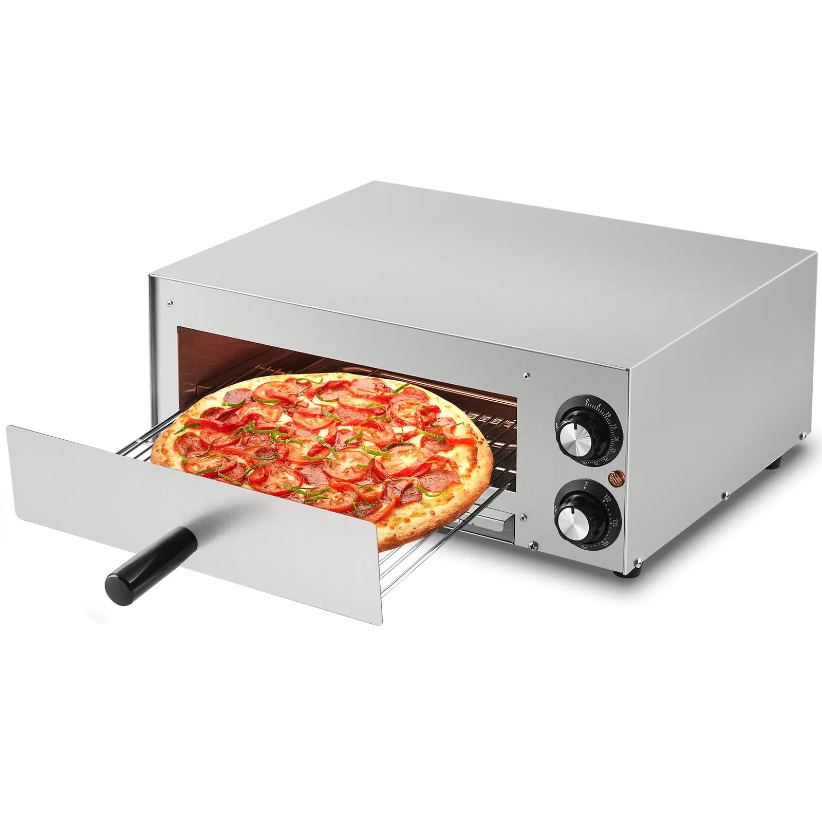 Garvee Compact Electric Pizza Oven – 13-Inch Single Deck Pizza Maker for Home & Commercial Use, 1100W Stainless Steel, Removable Crumb Tray, Dual Heating Tubes, 110V, Silver – Single Layer FPO-13, American