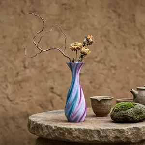 Luxury Twisted Thread Plastic Vase, Gradient Blue, Sunset Milk, Modern Dry Flower Arranger, Home Decor Accent