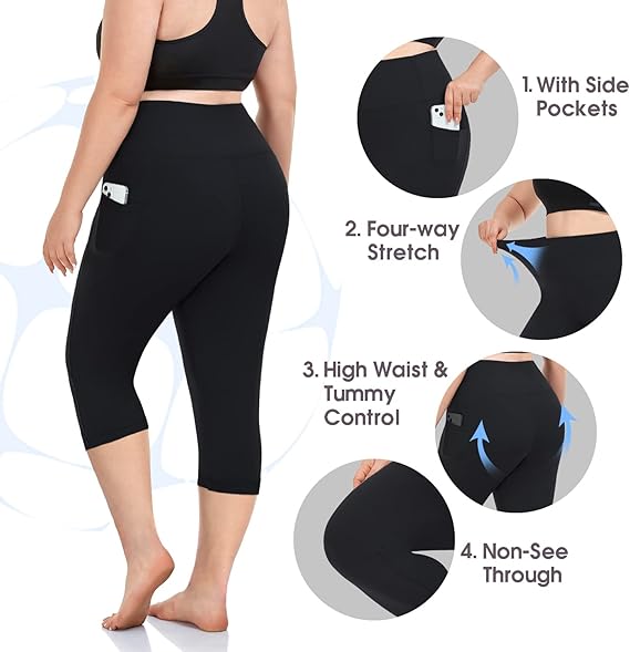 3Pack Plus Size Women's Capri Yoga Pants with Pockets Essential High Waisted Capri Legging for Workout Black Capri Leggings 3Pack Plus Size Women's Capri Yoga Pants with Pockets Essential High Waisted Capri Legging for Workout Black Capri Leggings