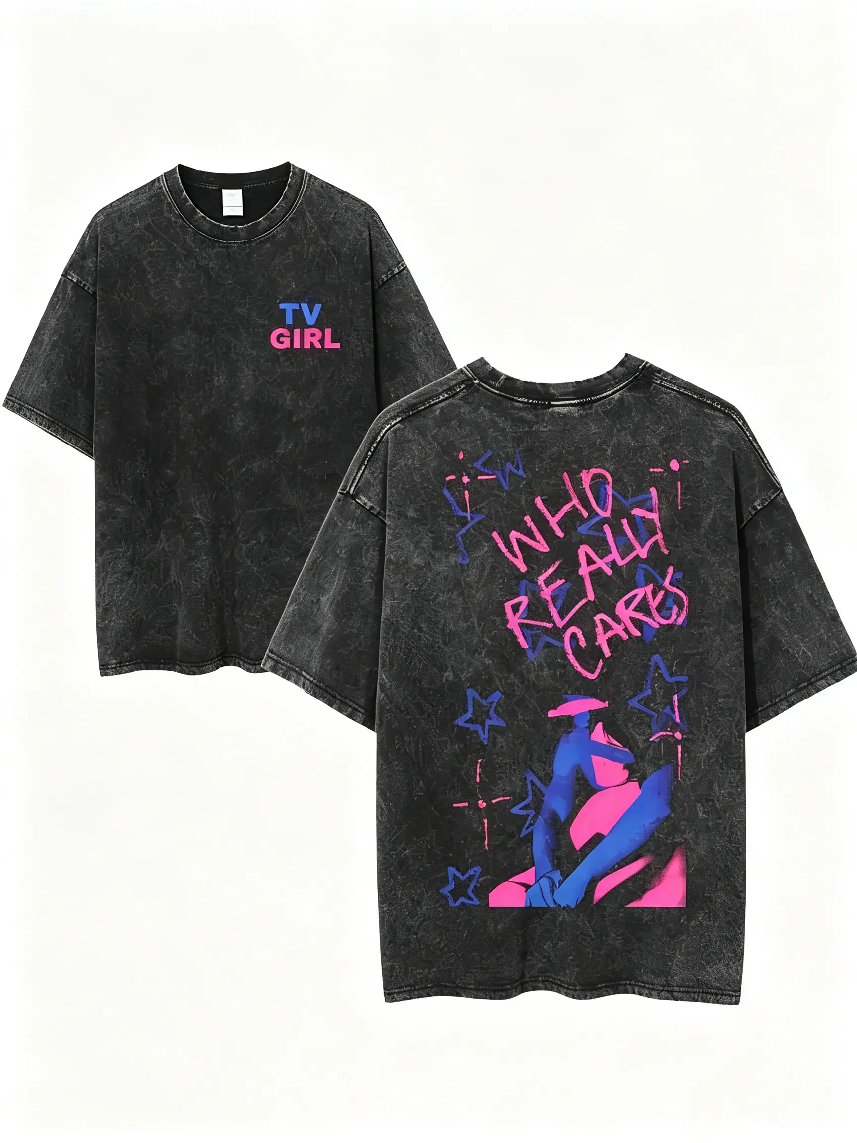 TV Girl Who Really Cares Graphic Tee, Indie Pop Band Tour Shirt, Vaporwave Aesthetic Streetwear, Washed Black Unisex Music Fan T-Shirt Fit Vintage tiktokshopspringglowup,summervibes outdoorfun,funny graphic tee, men’s trendy t-shirts, yell