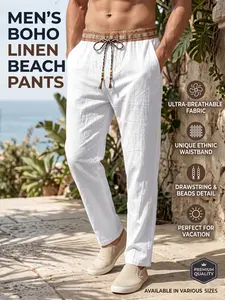 Men's Summer Bohemian Linen Beach Pants, Ethnic Print Elastic Waist Drawstring Casual Long Pants, Breathable Cotton Hemp Vacation Pants