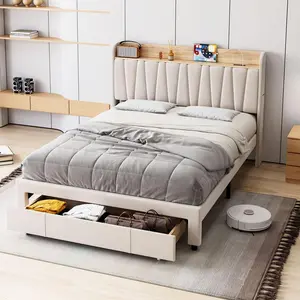 【Christmas Gift】Full Size Bed Frame with Storage Headboard  Upholstered Platform Beds with Drawers  Charging Station  Noise-Free  Easy Assembly No Box Spring Needed  Beige