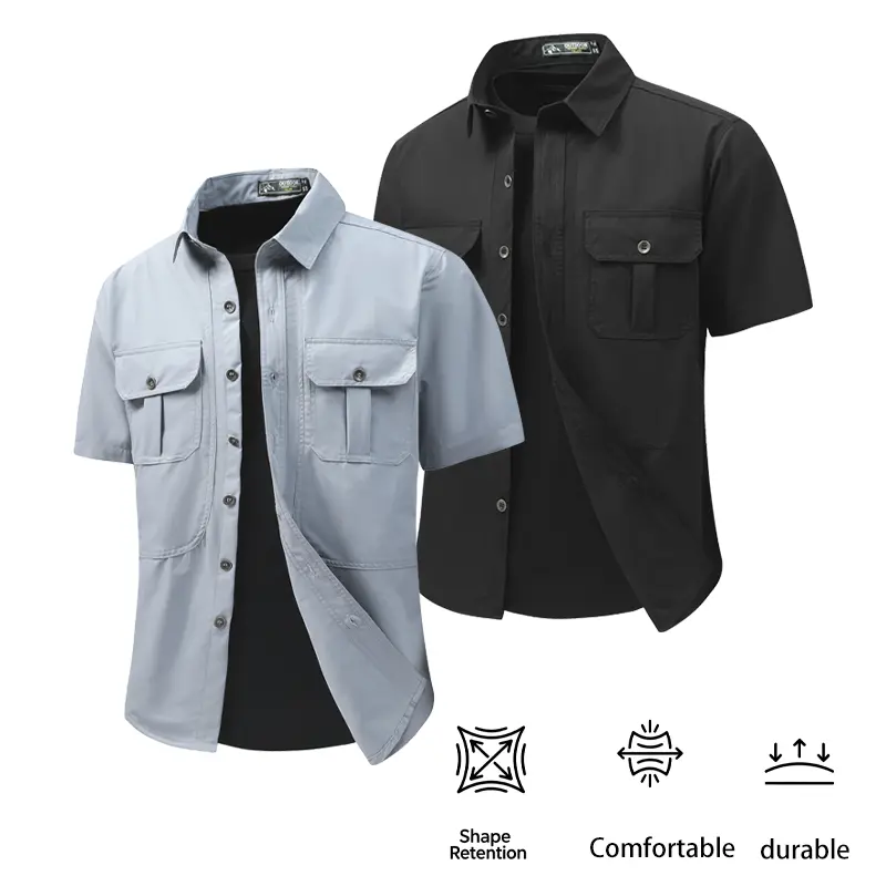 2 Pack Men's Short Sleeve Button Down Work Shirts Shape Retention Utility Chest Pockets Lightweight Casual Outdoor Tactical Hiking Fishing Business Casual Tops