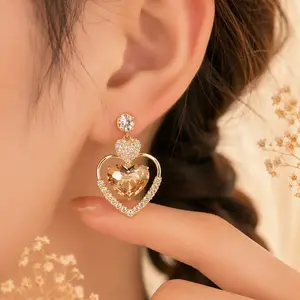 Women's Elegant Crystal Heart Drop Earrings - Gold Rhinestone Dangle Jewelry, Sparkly Statement Piece, Trendy Date Night Gift
