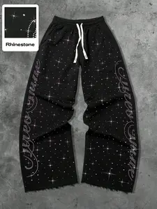 Unisex Starry Sparkle Wide Leg Pants, Graphic Letter Embroidery, Elastic Drawstring Waist, Hem Fringe, Y2K Street Style Long Trousers