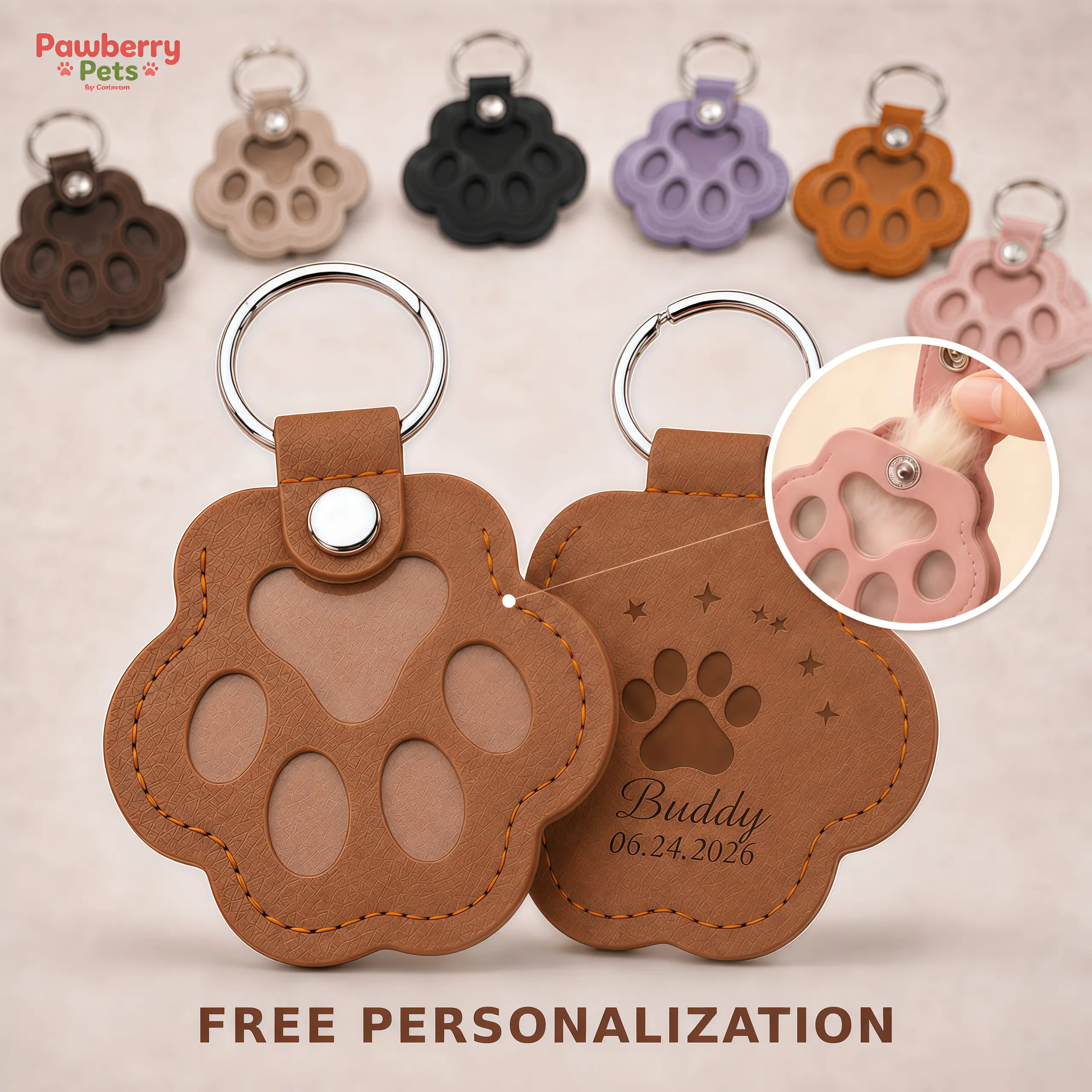 Custom Pet Memorial Paw Keychain, Pet Hair Keepsake Holder for Dog Cat, Personalized PU Leather Paw Print Key Ring, Fur Storage Charm, Pet Loss Remembrance Gift