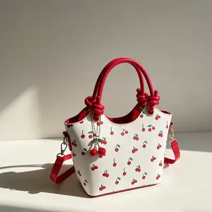 Sweet Cherry Printed Tote Bag for Women PU Leather Shoulder Bag Zippered Purse with Cherry Charm for Gifts