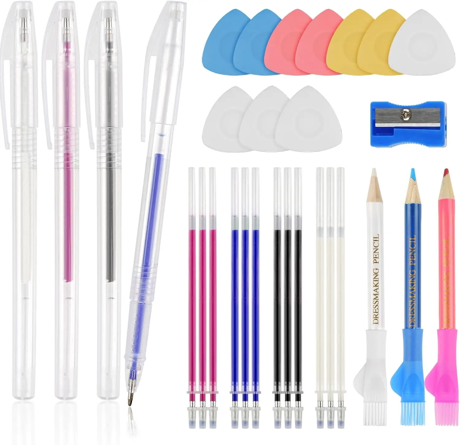 Fabric Markers Kit for Sewing & Quilting-10 Pcs Tailor’s Chalks, 4 Pcs Heat Erasable Pens with Refills and 3 Pcs Water Soluble Fabric Pencils, Sewing Accessories Supplies