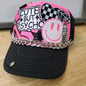 Cute but Psycho Embroidered Foam Trucker Hat in Black & Hot Pink