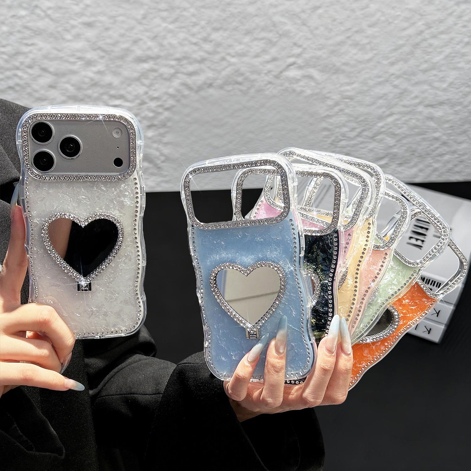 Glitter Mirror Case for iPhone 17/16 15 14 13 Pro Max,Cute Luxury Shiny Diamond Heart Makeup Mirror Bling Sparkly Rhinestones Thin Soft Case for Women Girls