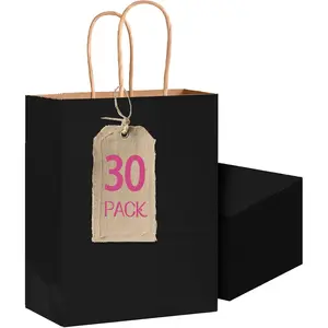 30-Pack Medium Size  Paper Bags with Handles Bulk 10.6"x8.3"x4.3" Black Party  Shopping Bags