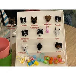 3D Printed Straw Topper in Dog, Cat or Dragon head of choice PLA USA Made Animal.