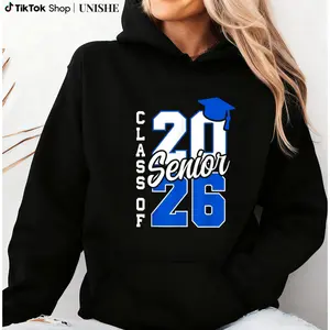 Senior Hoodie for Graduation 2026 – Black with Blue Lettering and Cap Design