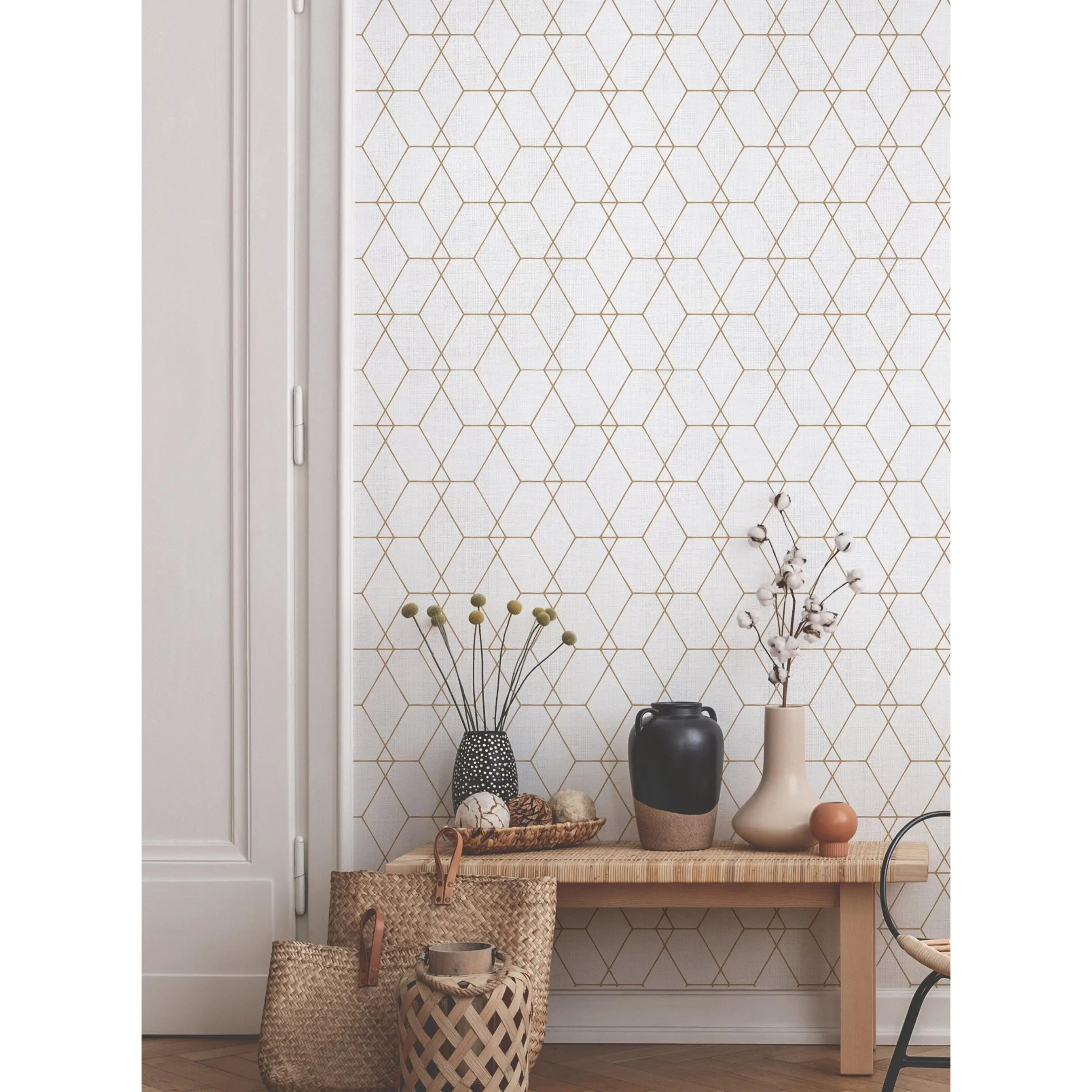 Hexagon Geometric Lines Self-Adhesive Temporary Wallpaper, Art Deco Textured Look Background, Renter-Friendly Accent Wall Covering, No Messy Residue, Reusable for Home Improvement